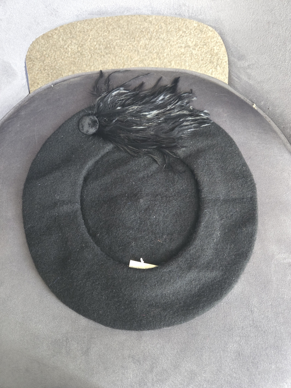 Vintage Caldor NWT Black 100% Wool Basque Beret Hat Feather Accent Deadstock